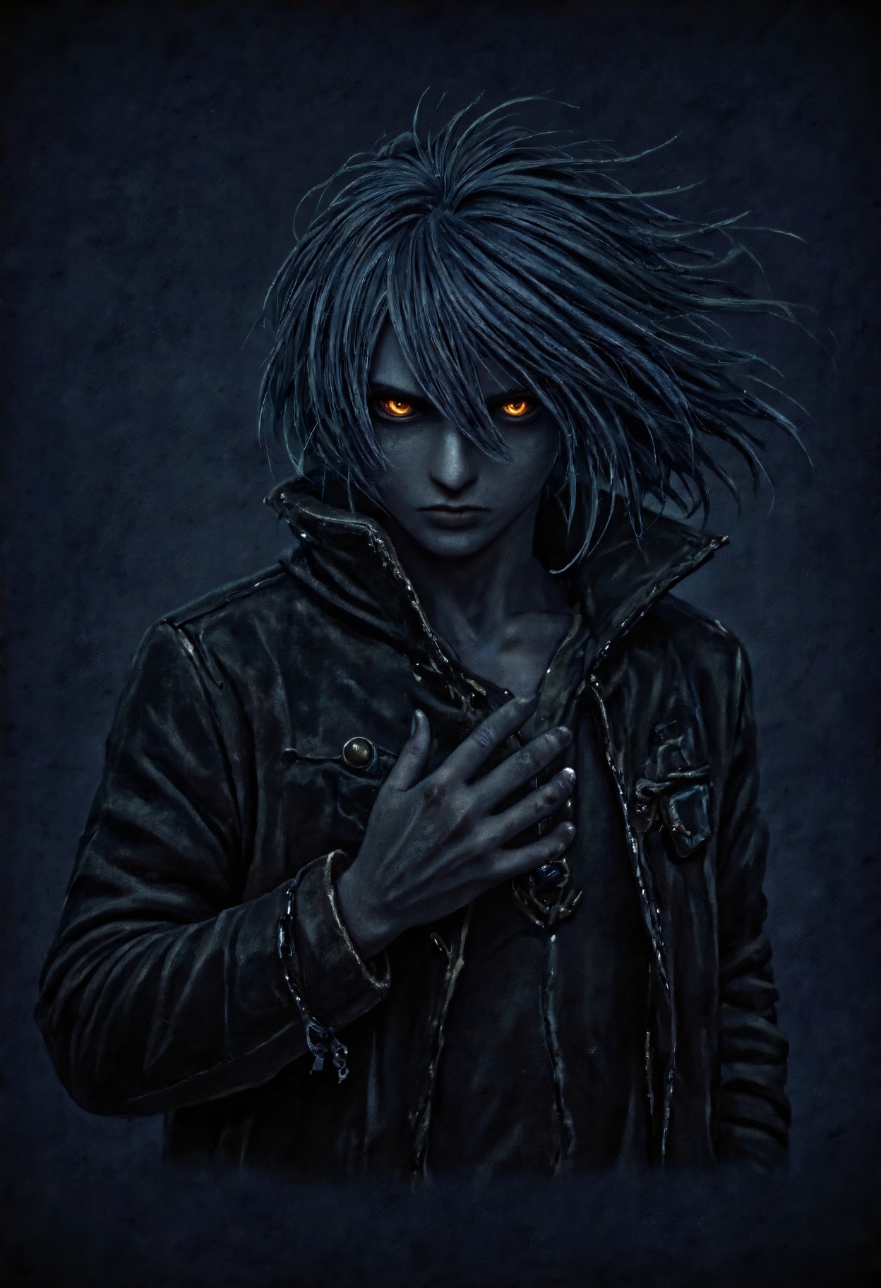 A highly detailed N0w style illustration,  featuring a person with long,  dark hair and glowing orange eyes on Tensor.Art