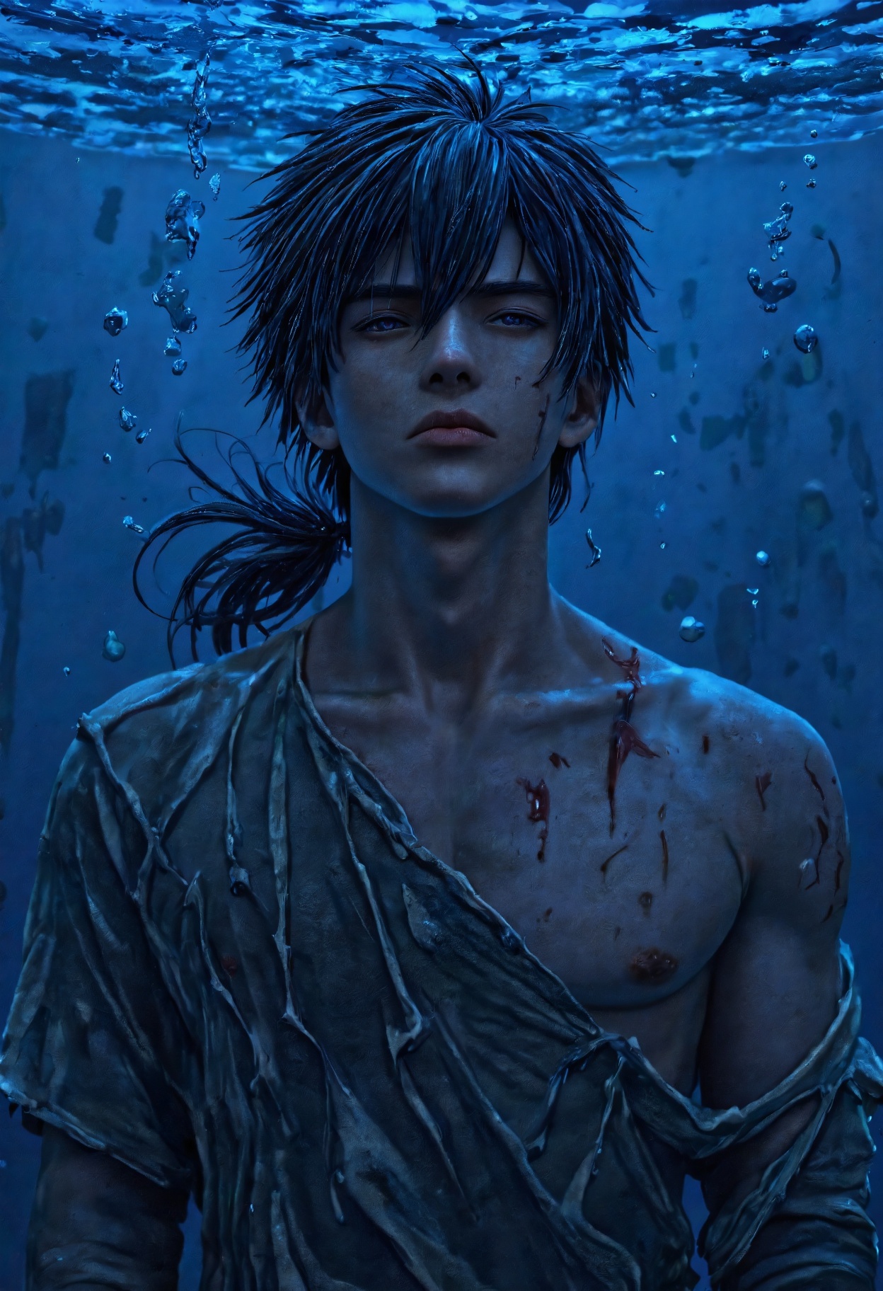 A highly detailed N0w style illustration,  featuring a man submerged underwater,  with their upper body visible above the...