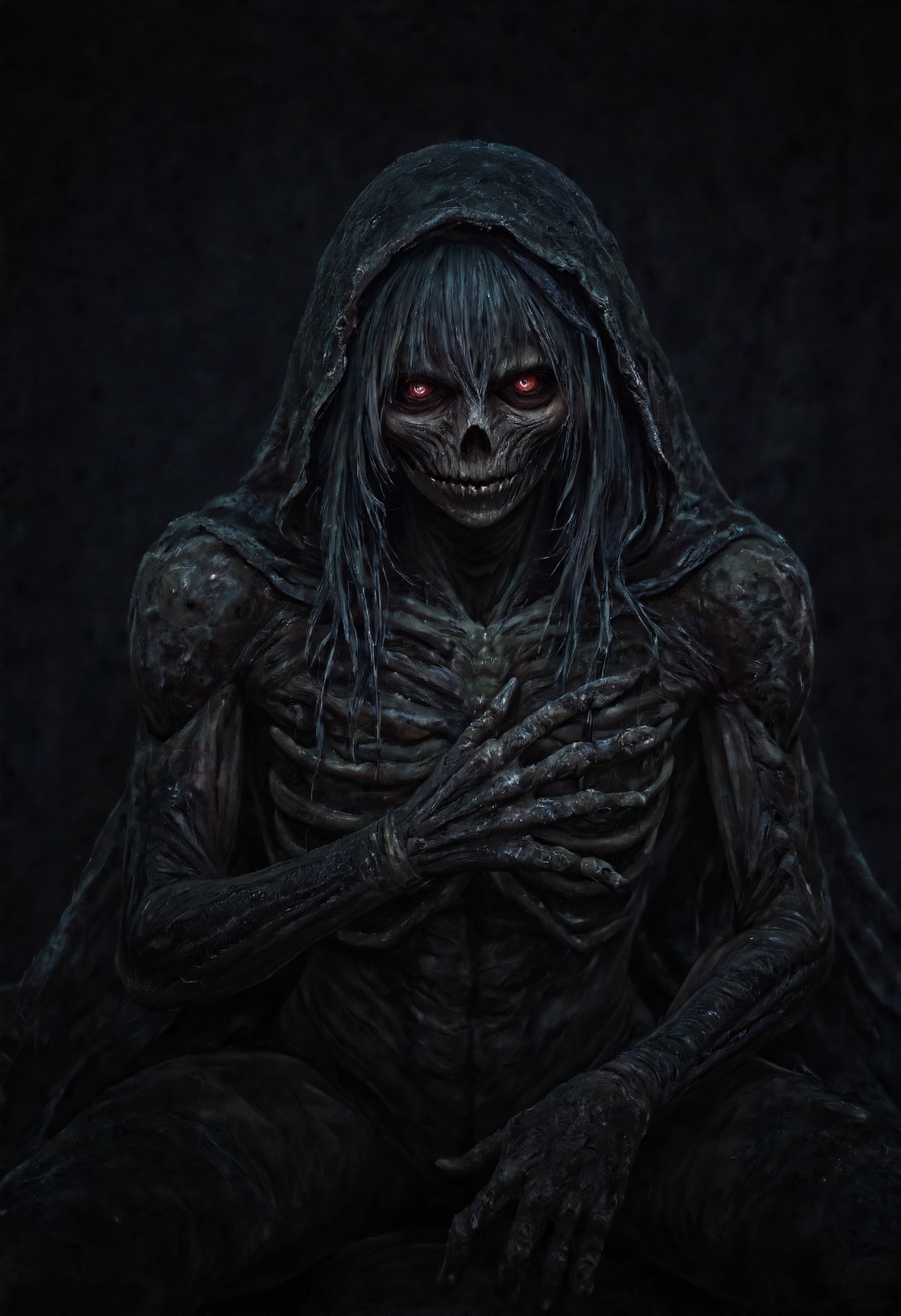 A highly detailed N0w style illustration,  featuring a dark,  eerie figure with a skeletal appearance on Tensor.Art