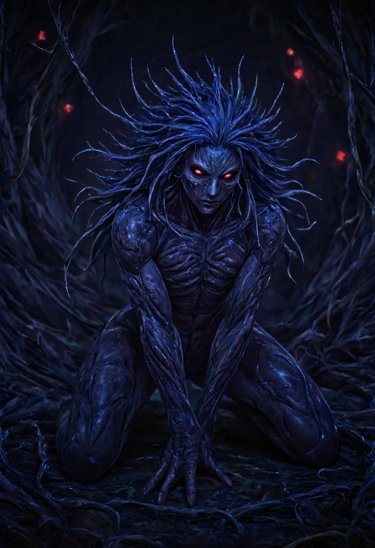 A highly detailed N0w style illustration,  featuring humanoid figure encased in a dark,  twisted web-like structure. The f...