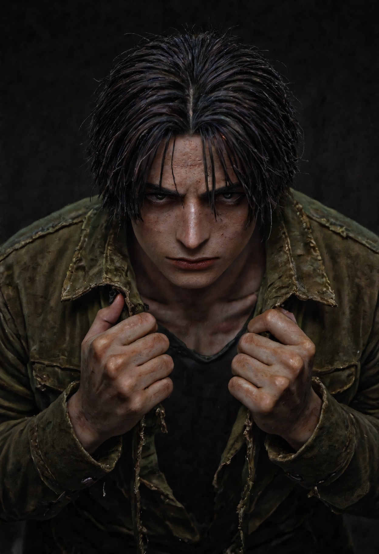 A highly detailed N0w style illustration,  featuring a male character with dark,  wet hair and a rugged on Tensor.Art