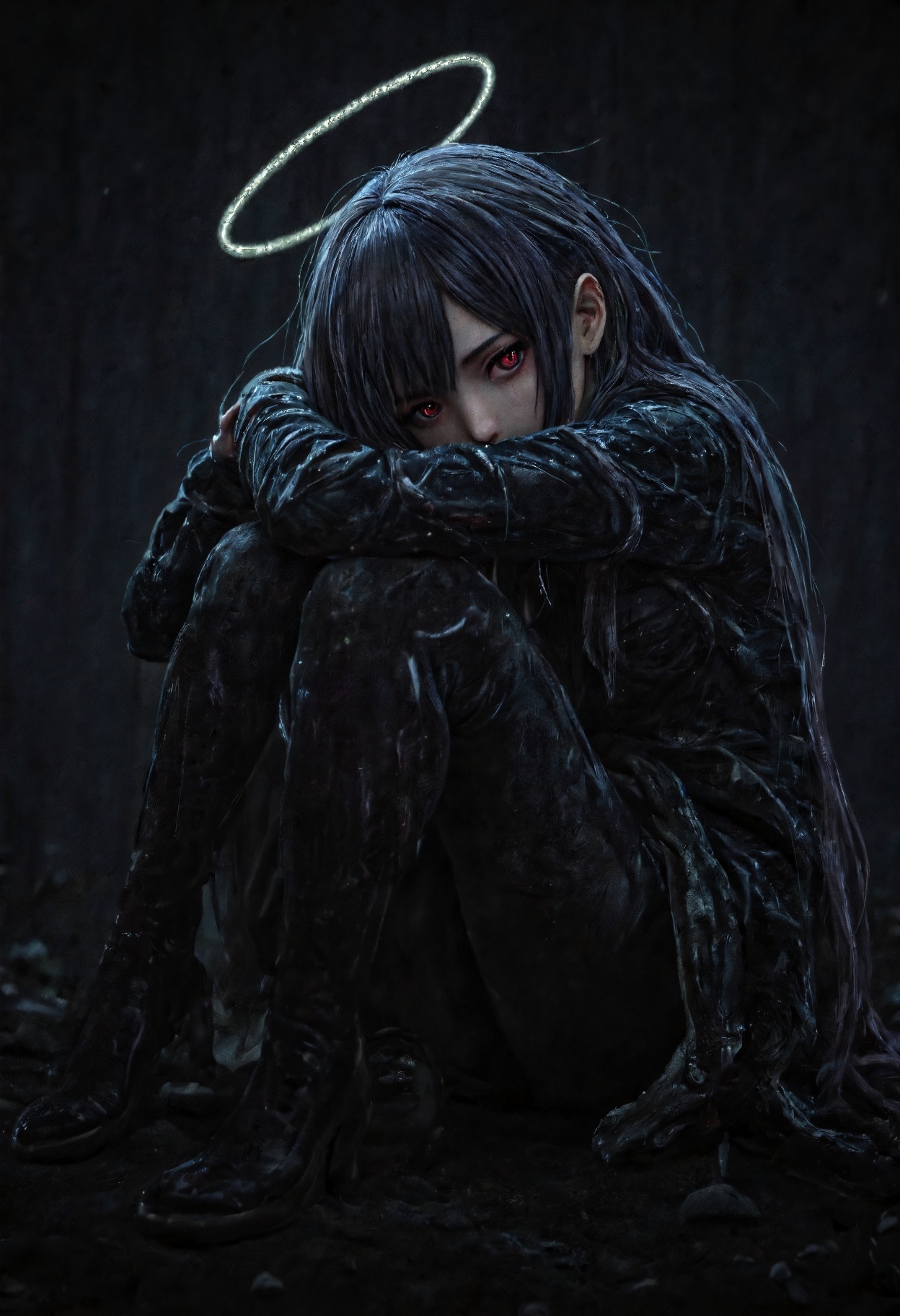 A highly detailed N0w style illustration,  featuring a female character with dark hair and red eyes,  partially obscured b...