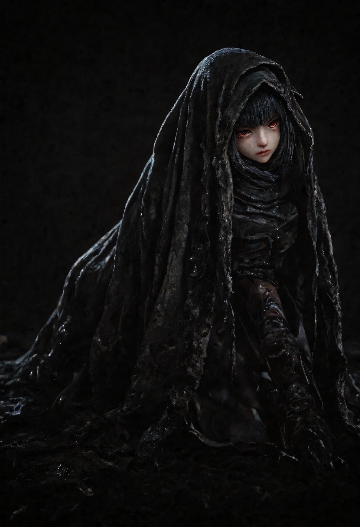 A highly detailed N0w style illustration,  featuring a female figure draped in a dark,  flowing cloak that obscures their...