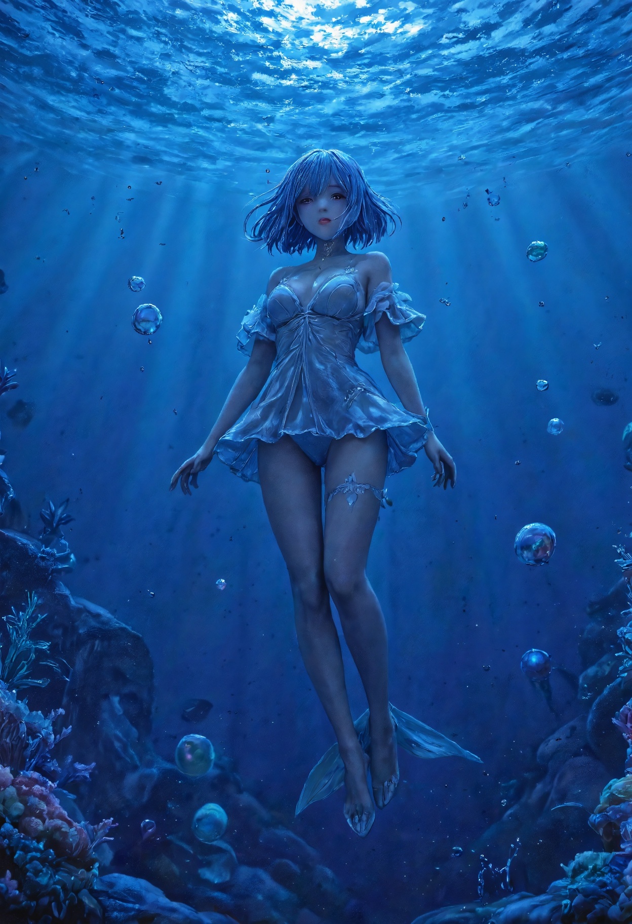 A highly detailed N0w style illustration,  featuring a female character floating underwater,  surrounded by bubbles and ma...