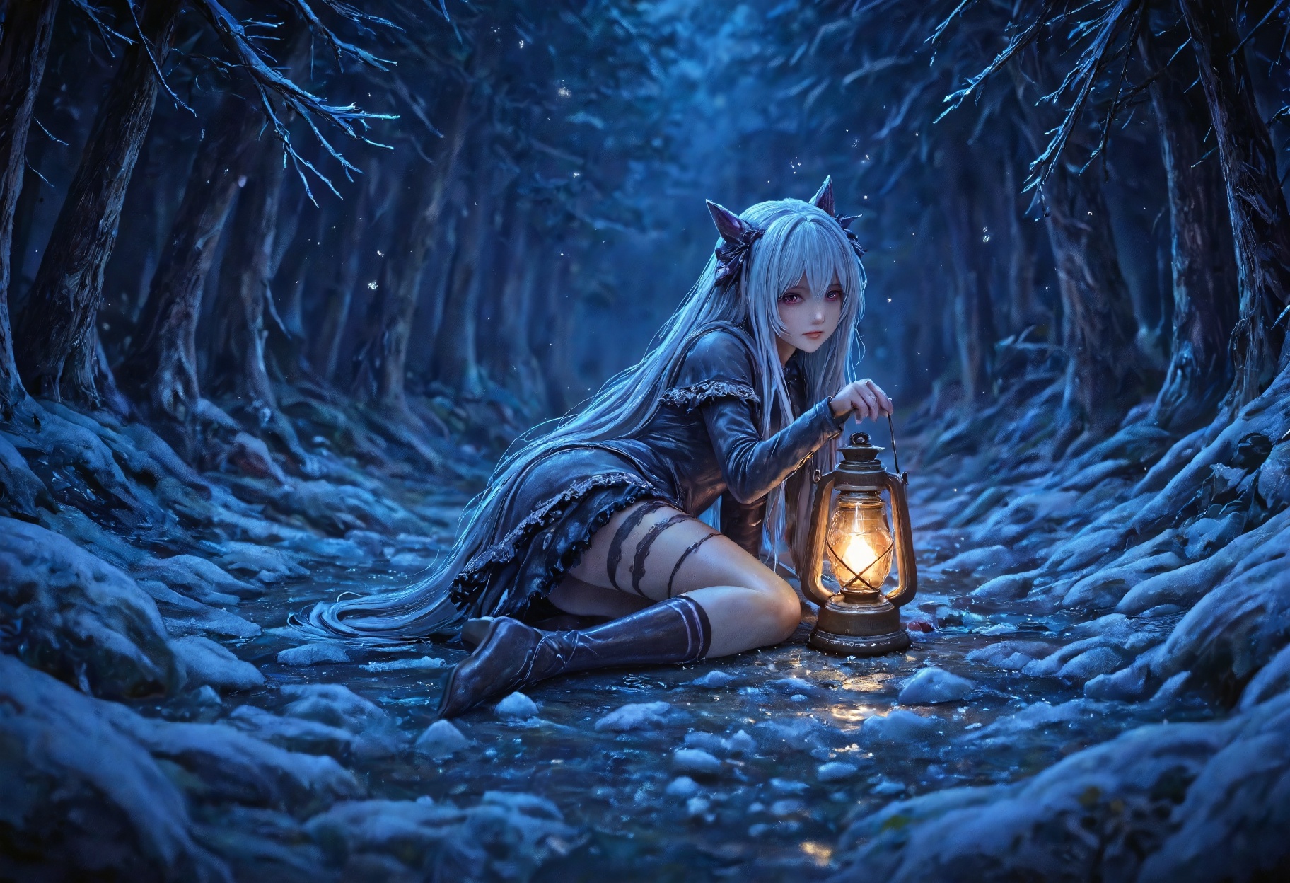 A highly detailed N0w style illustration,  featuring a female character with long,  flowing white hair and cat ears on Ten...