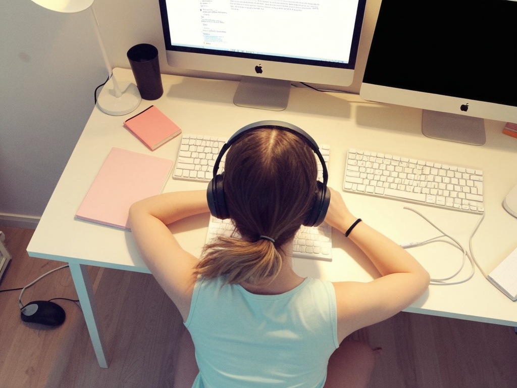 top-down view,  young woman with medium-length hair,  wearing headphones on Tensor.Art