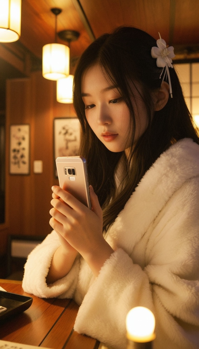 a beautiful young woman with long dark hair,  delicate floral hair ornament,  wearing a fluffy white fur shawl on Tensor.Art