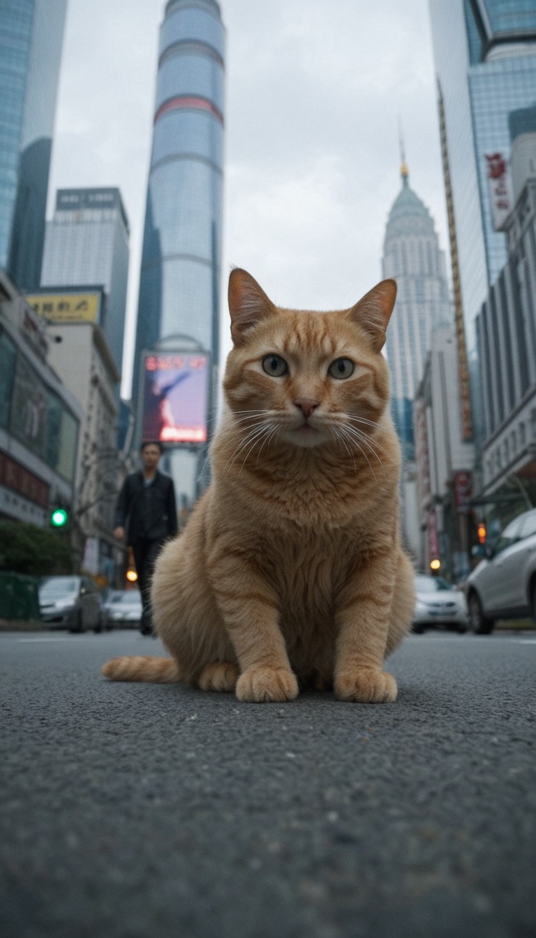 surrealism,  cinematic photography,  a super giant adorable cat lying on the streets of Lujiazui on Tensor.Art