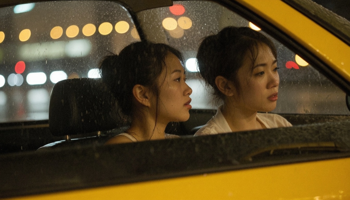 rainy night,  two Asian people in a car,  intimate and romantic atmosphere on Tensor.Art