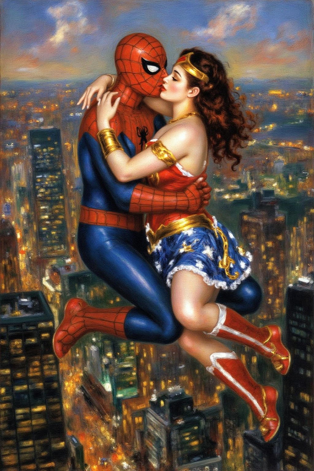 pierreaugusterenoir1 painting. Spider-man and Wonder Woman,  kissing,  floating above Shanghai on Tensor.Art