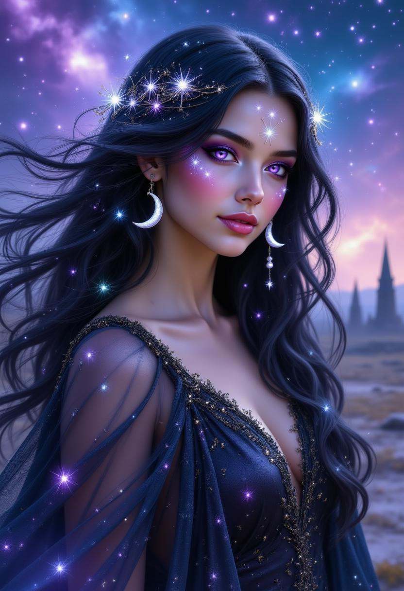 pinkhidreamfantasy A mystical woman with flowing midnight-black hair laced with silver strands,  resembling the Milky Way....