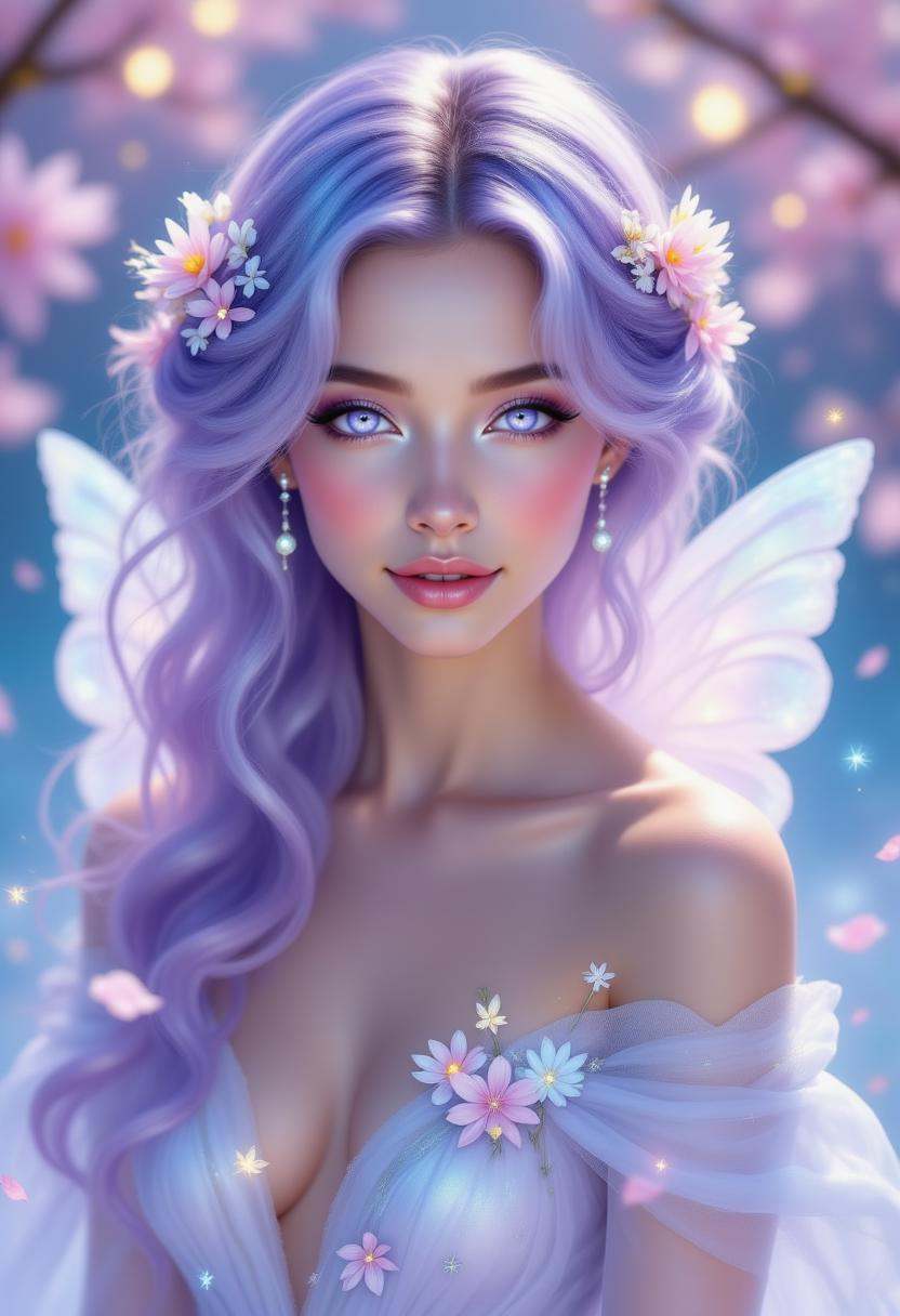 pinkhidreamfantasy A dreamy woman with pastel pink and blue ombre hair,  cascading in soft waves. Her delicate lavender ey...
