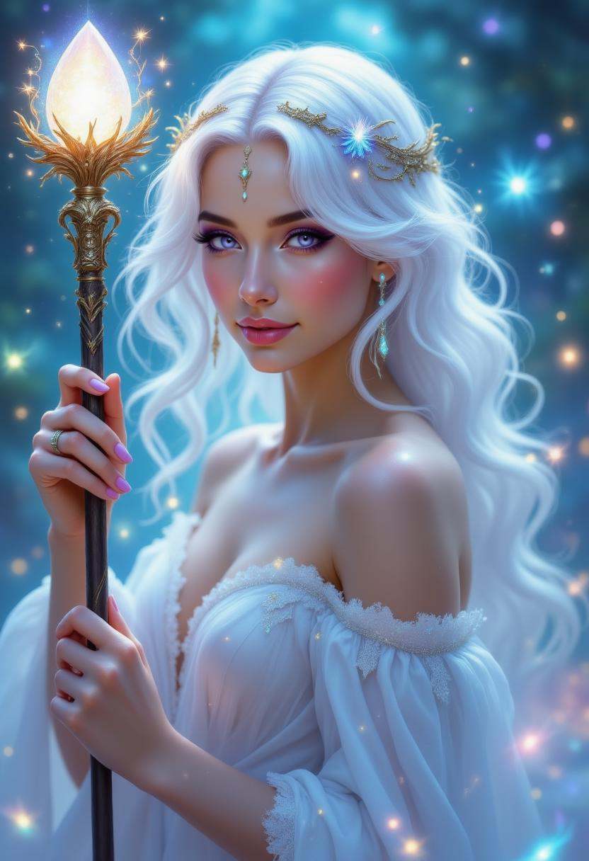 pinkhidreamfantasy,  A lady with shimmering white hair,  holding a staff with a glowing opal gem on Tensor.Art