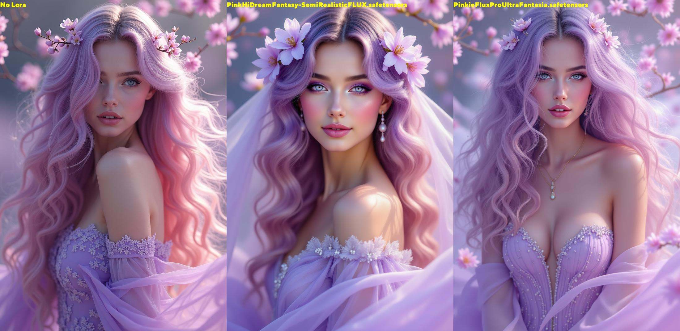 pinkhidreamfantasy,  A breathtaking woman with luminous lilac eyes and glowing alabaster skin. Her long,  wavy locks trans...