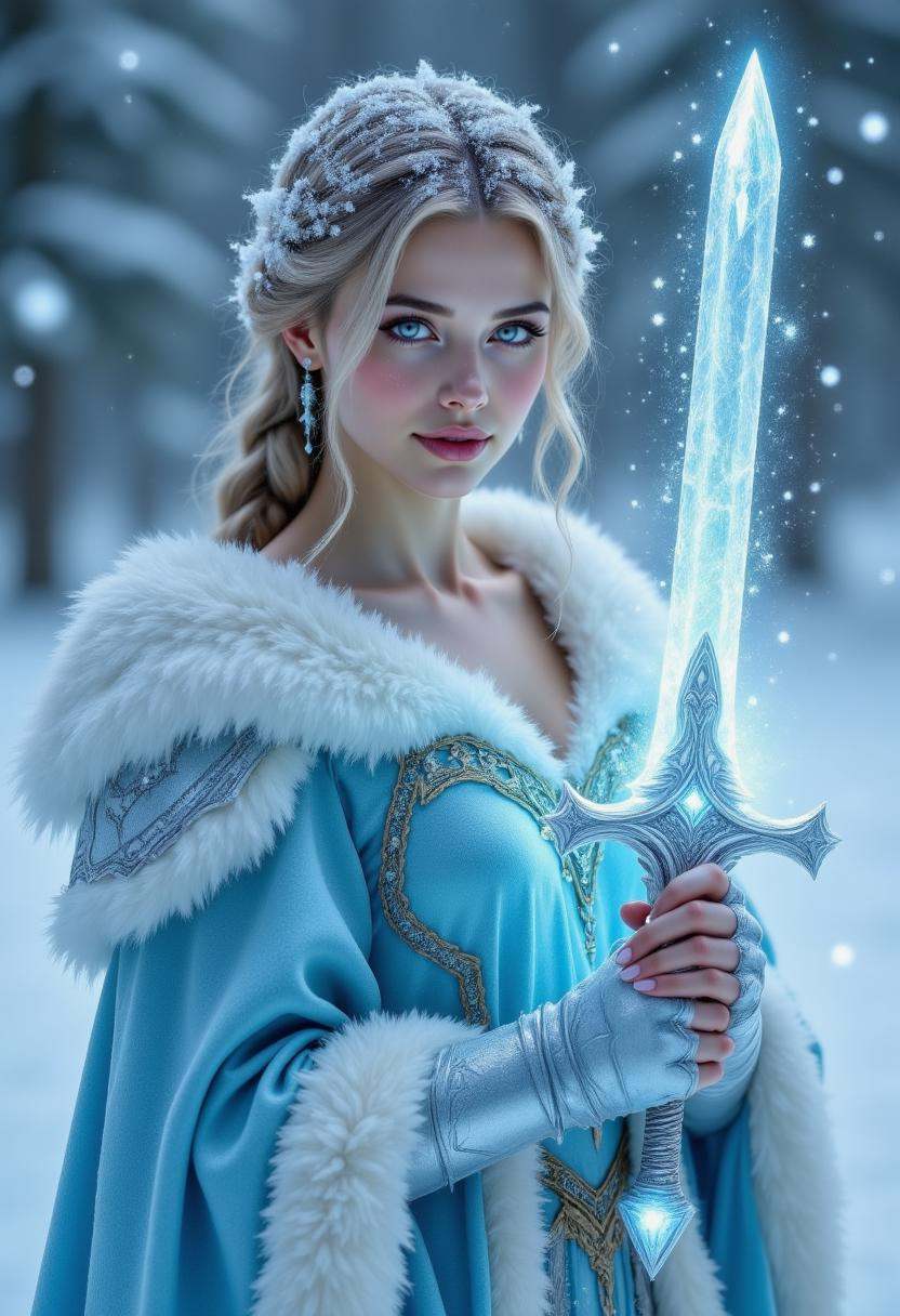 pinkhidreamfantasy A woman with icy blue armor,  holding a sword made of pure ice. Her breath turns to mist as snowflakes...
