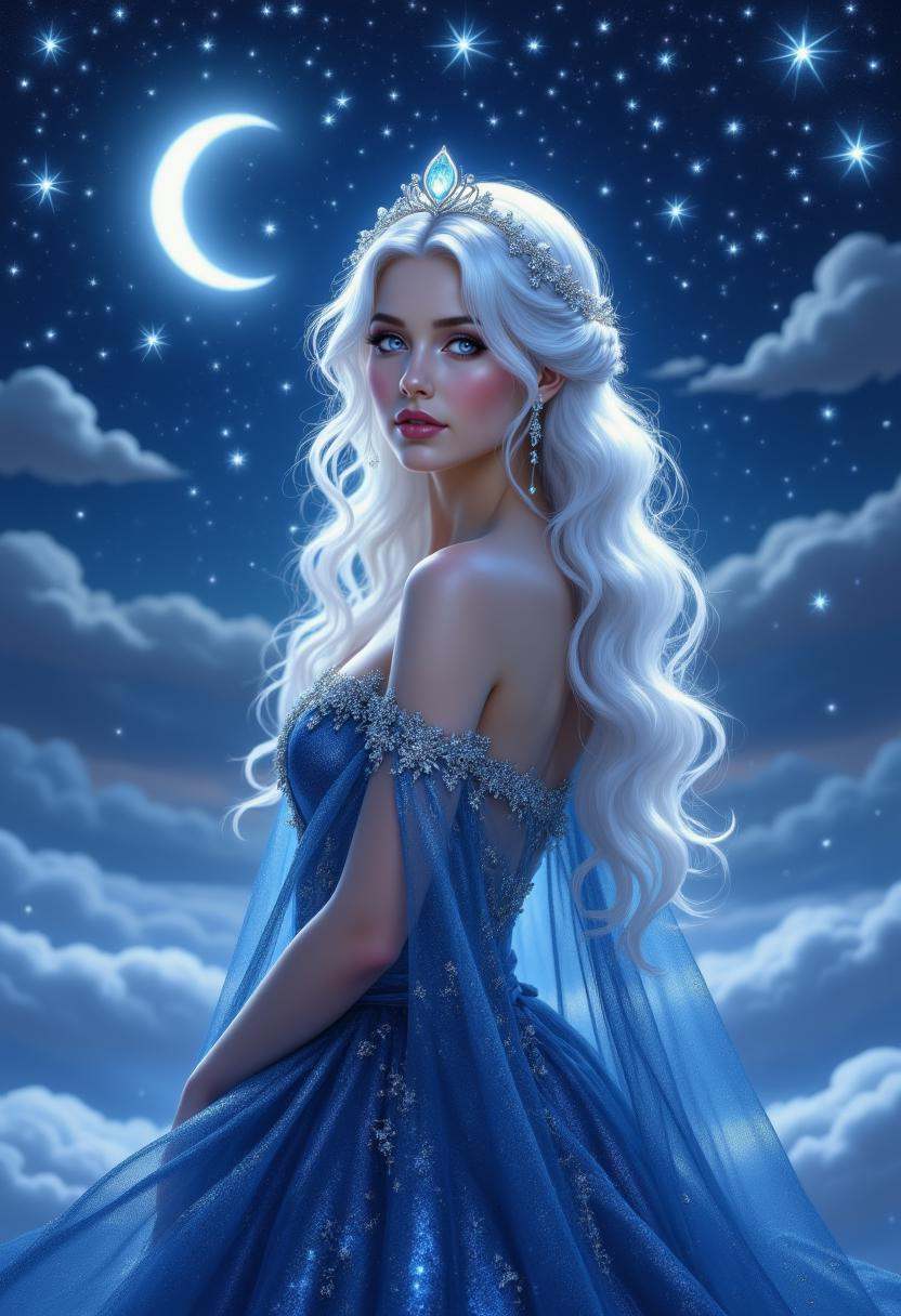 pinkhidreamfantasy A princess with waist-length silver hair styled in loose cascading waves,  adorned with delicate crysta...