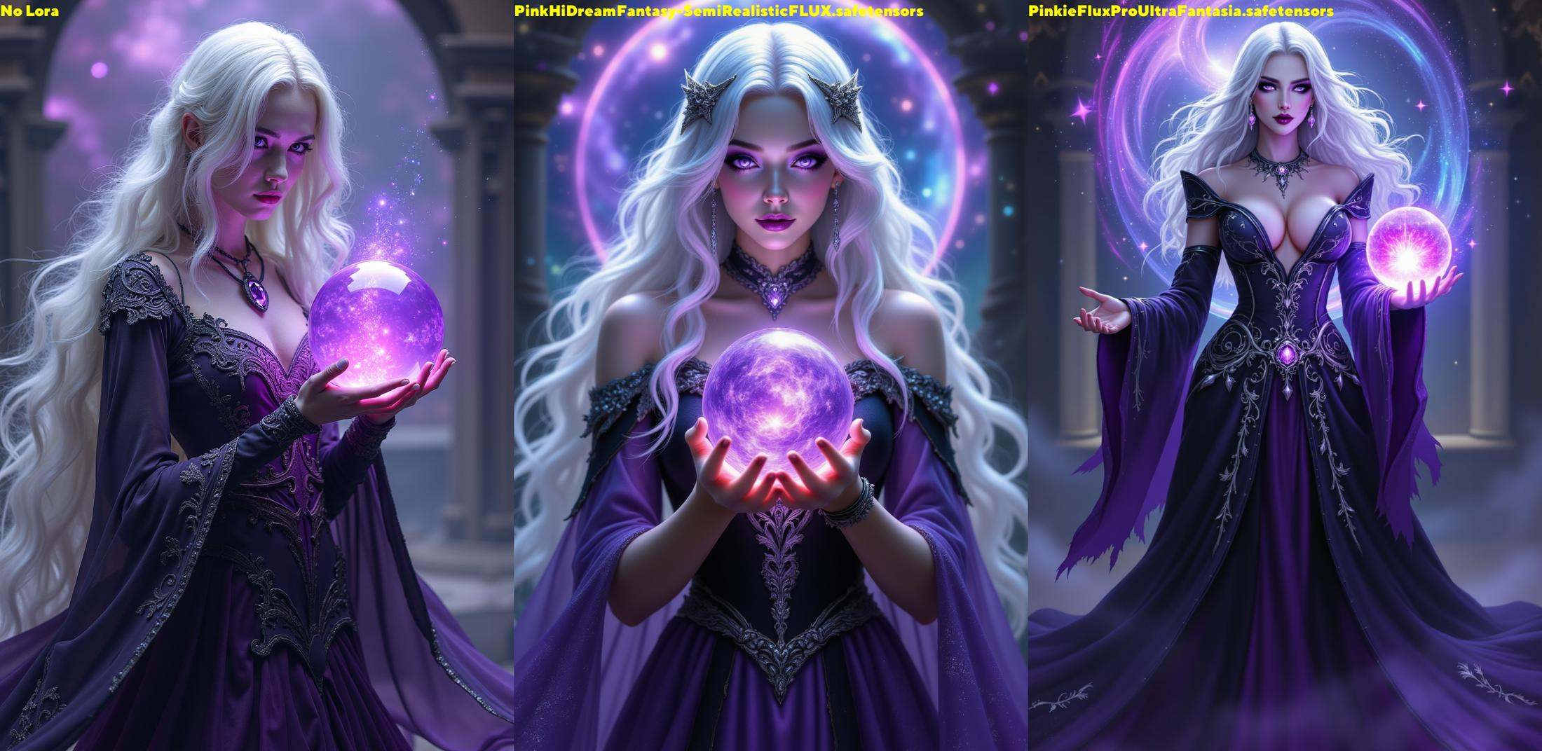 pinkhidreamfantasy,  Pale-skinned sorceress with flowing silver hair,  wearing a black and purple gown with intricate silv...