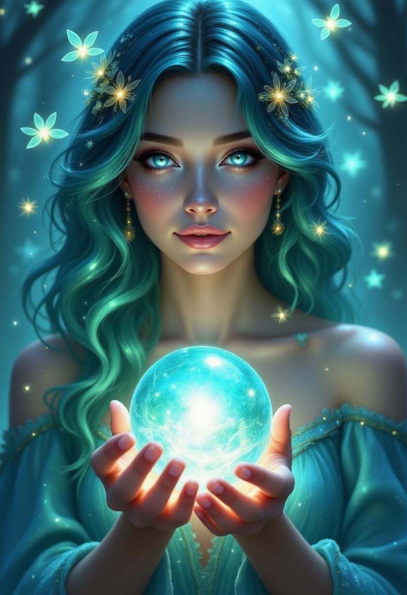 pinkhidreamfantasy,  A woman with shimmering teal hair,  holding a crystal orb on Tensor.Art