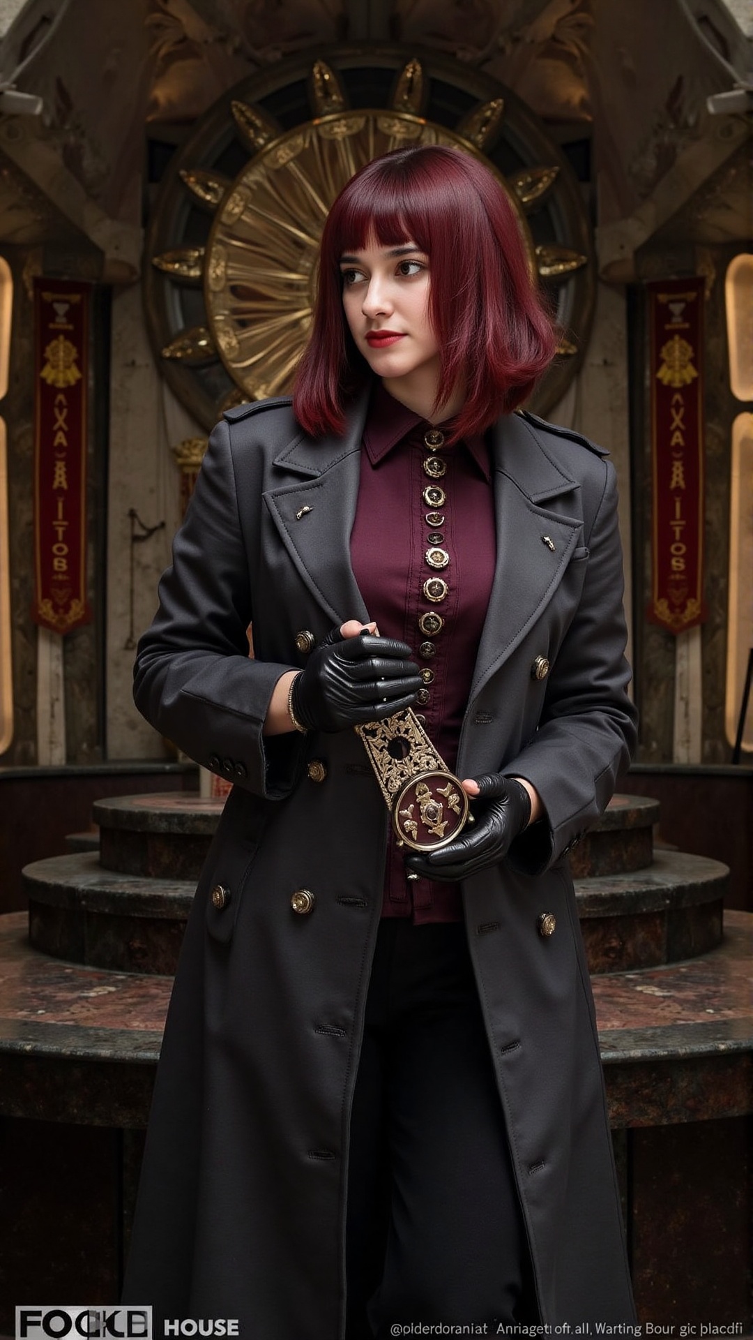 A half-body portrait of a commanding woman with shoulder-length crimson hair,  the ends glowing subtly,  styled in a blunt...