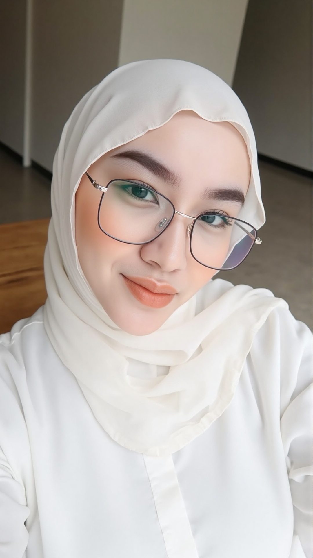 A photograph of a young woman with light skin and a soft natural makeup look. She has dark thick eyebrows and wears rectan...