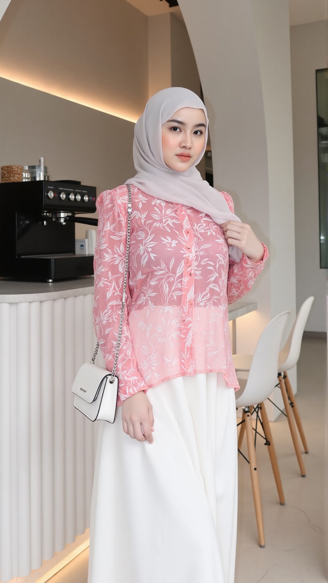 Photograph of a young woman in a modern minimalist café. She is wearing a light grey hijab a pink floral blouse with long...