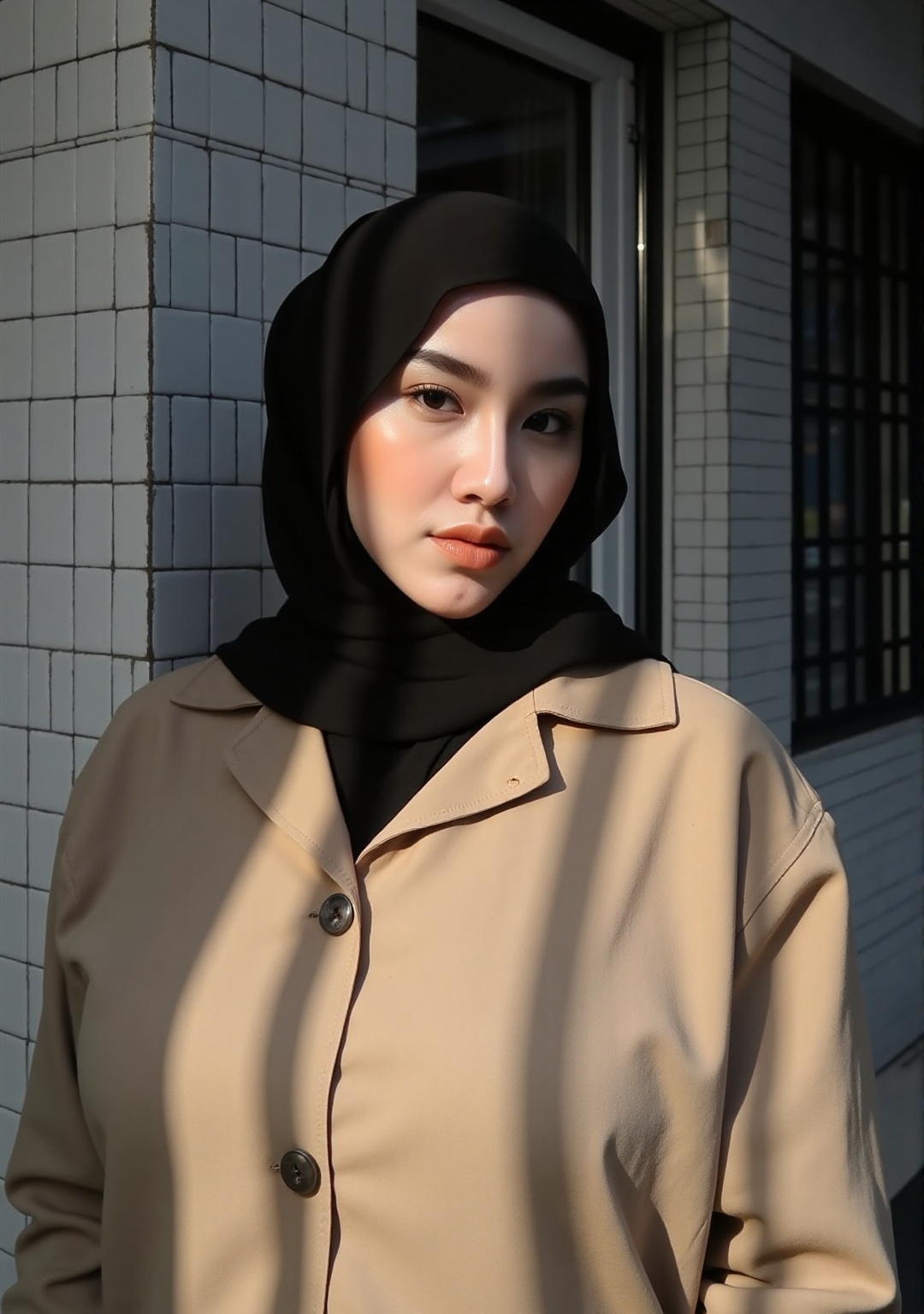 A photograph of a young woman with fair skin wearing a black hijab and a beige coat standing in front of a tiled building....