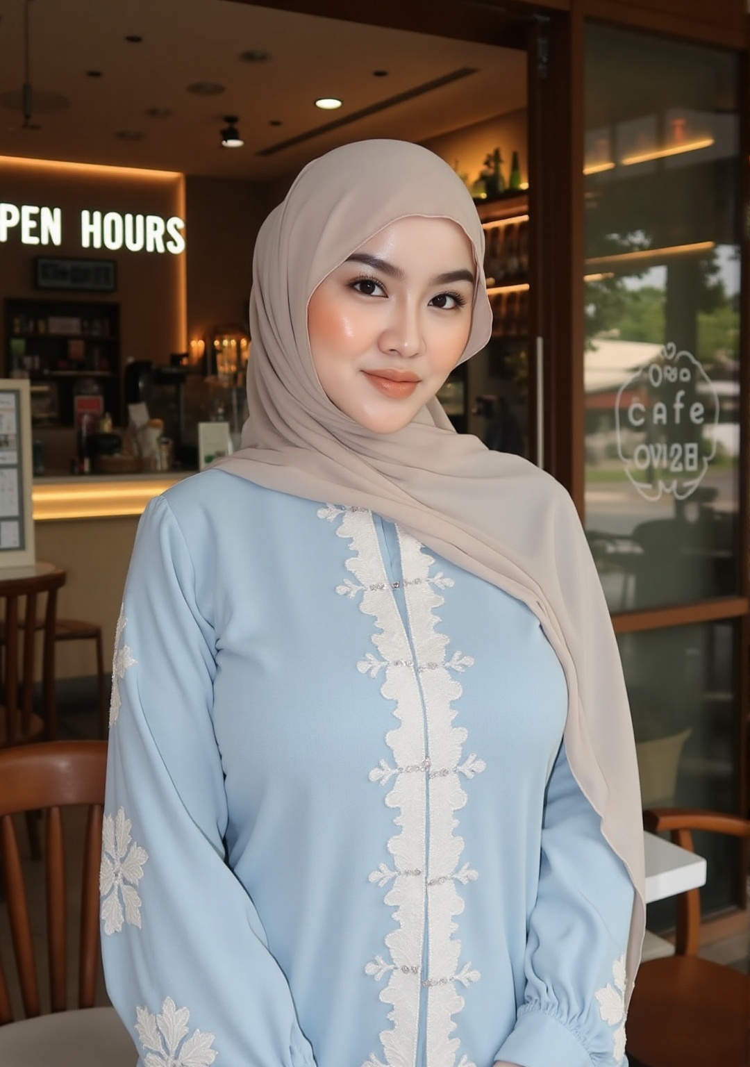 A photograph of a young Asian woman standing in front of a cafe. She has a fair complexion wears a beige hijab and a light...