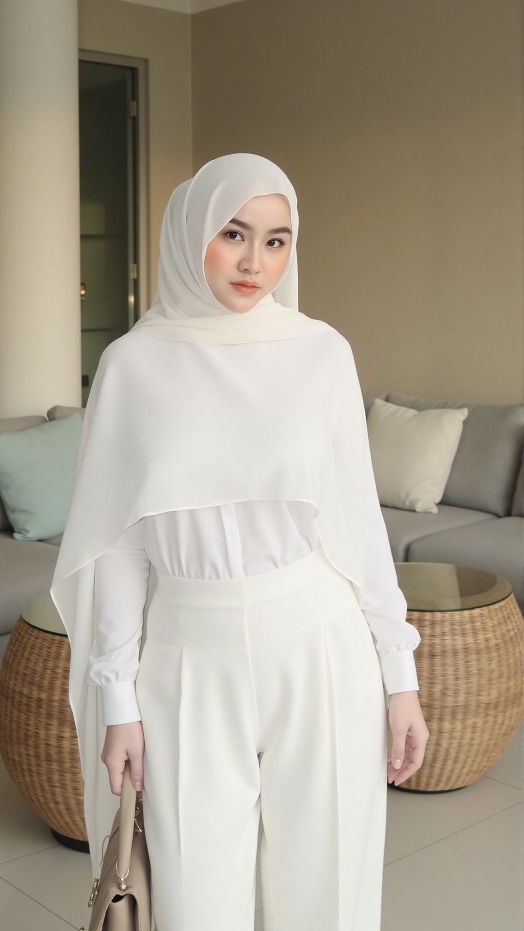 Photograph of a young woman standing indoors,  wearing a white hijab and matching outfit. She has a light skin tone,  medi...