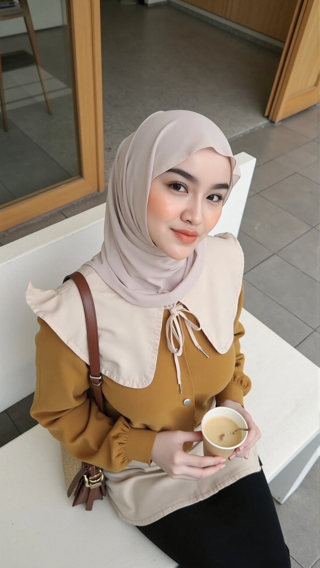 Photograph of a young woman with light brown skin wearing a beige hijab and a mustard brown long-sleeved blouse with a hig...