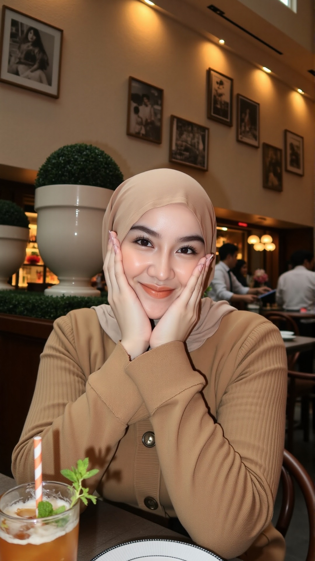 Photograph of a young woman with light skin and auburn hair in a beige hijab sitting at a cafe table. She is smiling gentl...