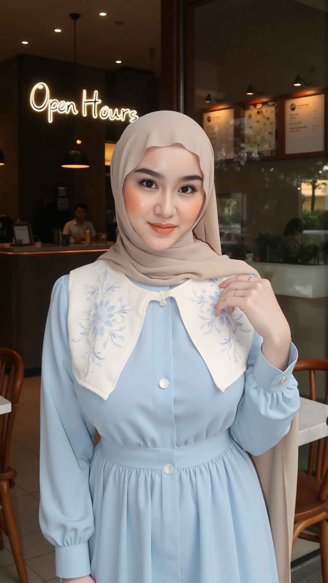 A photograph of a young Asian woman standing in front of a cafe. She has a fair complexion wears a beige hijab and a light...