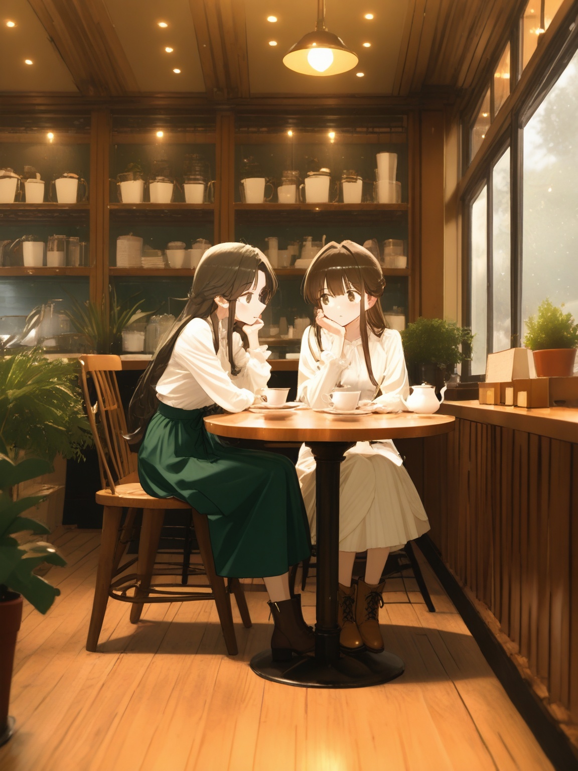 The image depicts a serene indoor setting with a young woman sitting at a wooden table in a cozy café. She is dressed in a...
