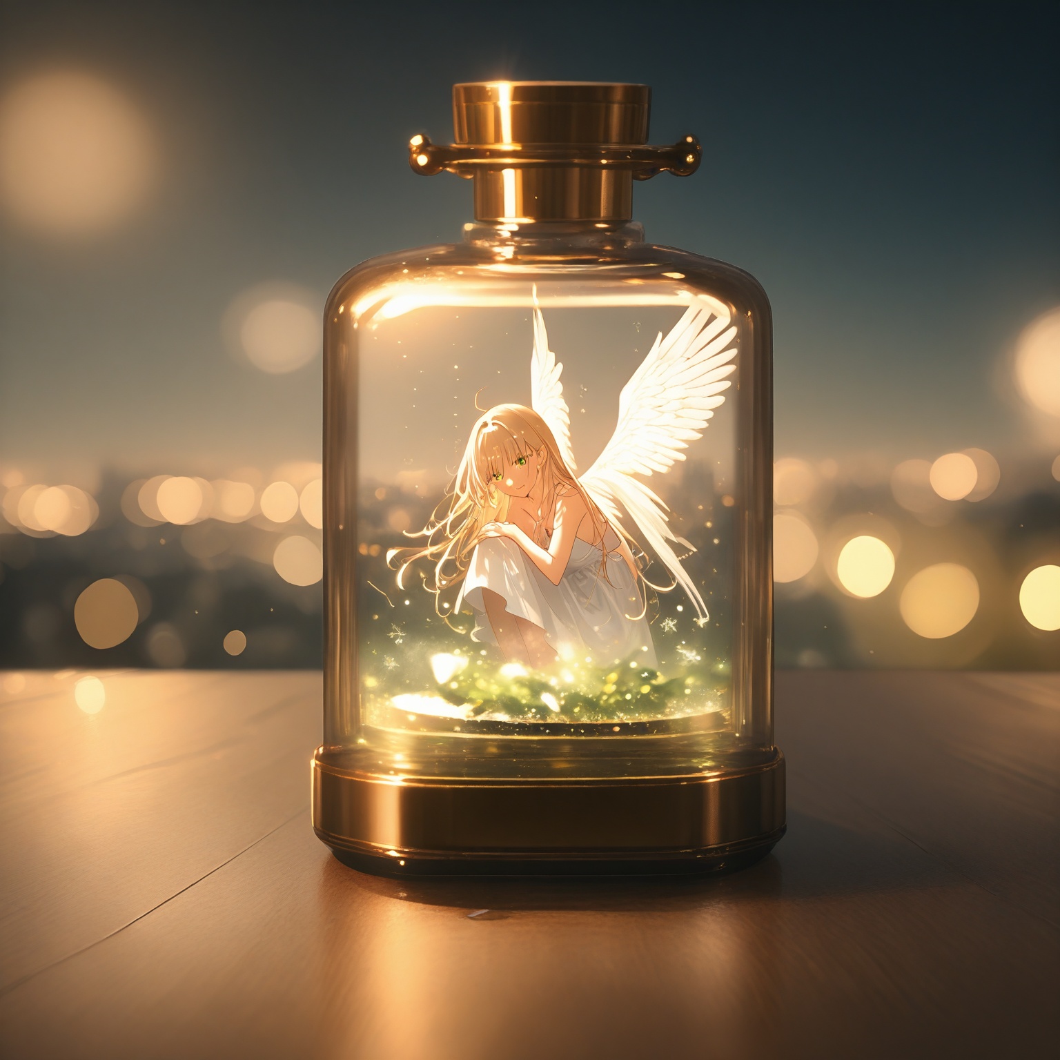 A whimsical illustration of a mischievous sprite emerging from a vintage-style perfume bottle. The sprite's delicate wings...