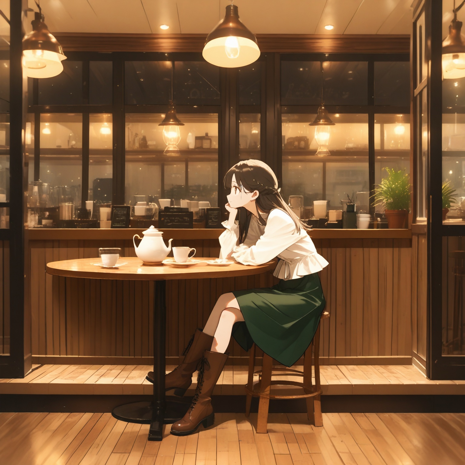 The image depicts a serene indoor setting with a young woman sitting at a wooden table in a cozy café. She is dressed in a...