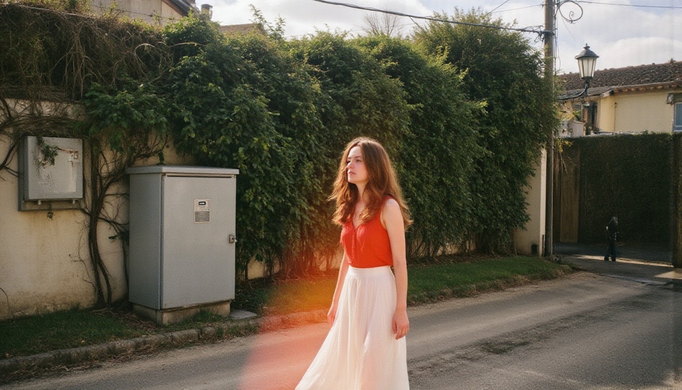 A woman with long dark hair cascading down her back stands on a worn dirt road,  gazing wistfully into the distance. A bol...