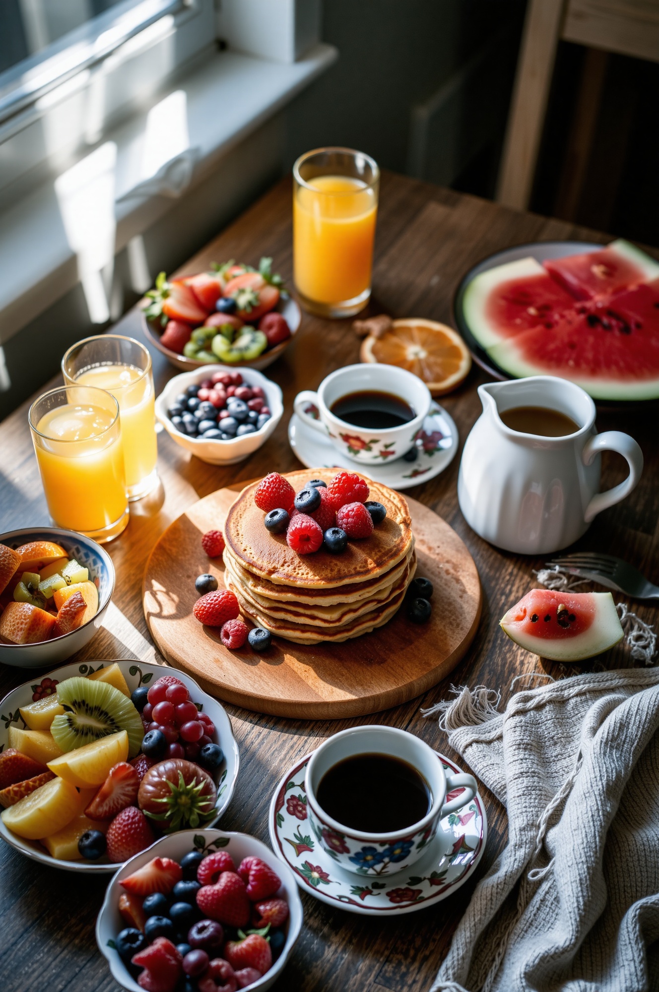 a beautifully arranged breakfast scene illuminated by soft morning sunlight streaming through a window on the left side of...