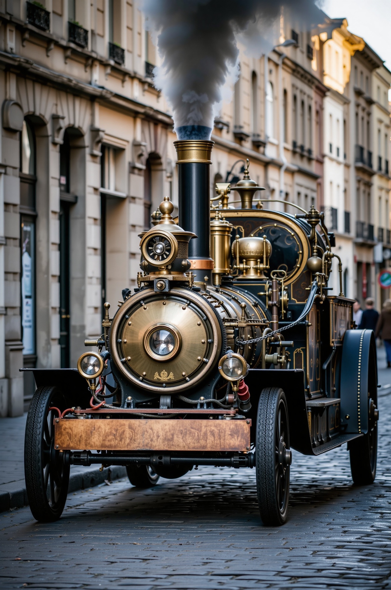 A majestic steampunk-style vehicle,  intricately crafted with brass and gold mechanical components,  positioned on a cobbl...