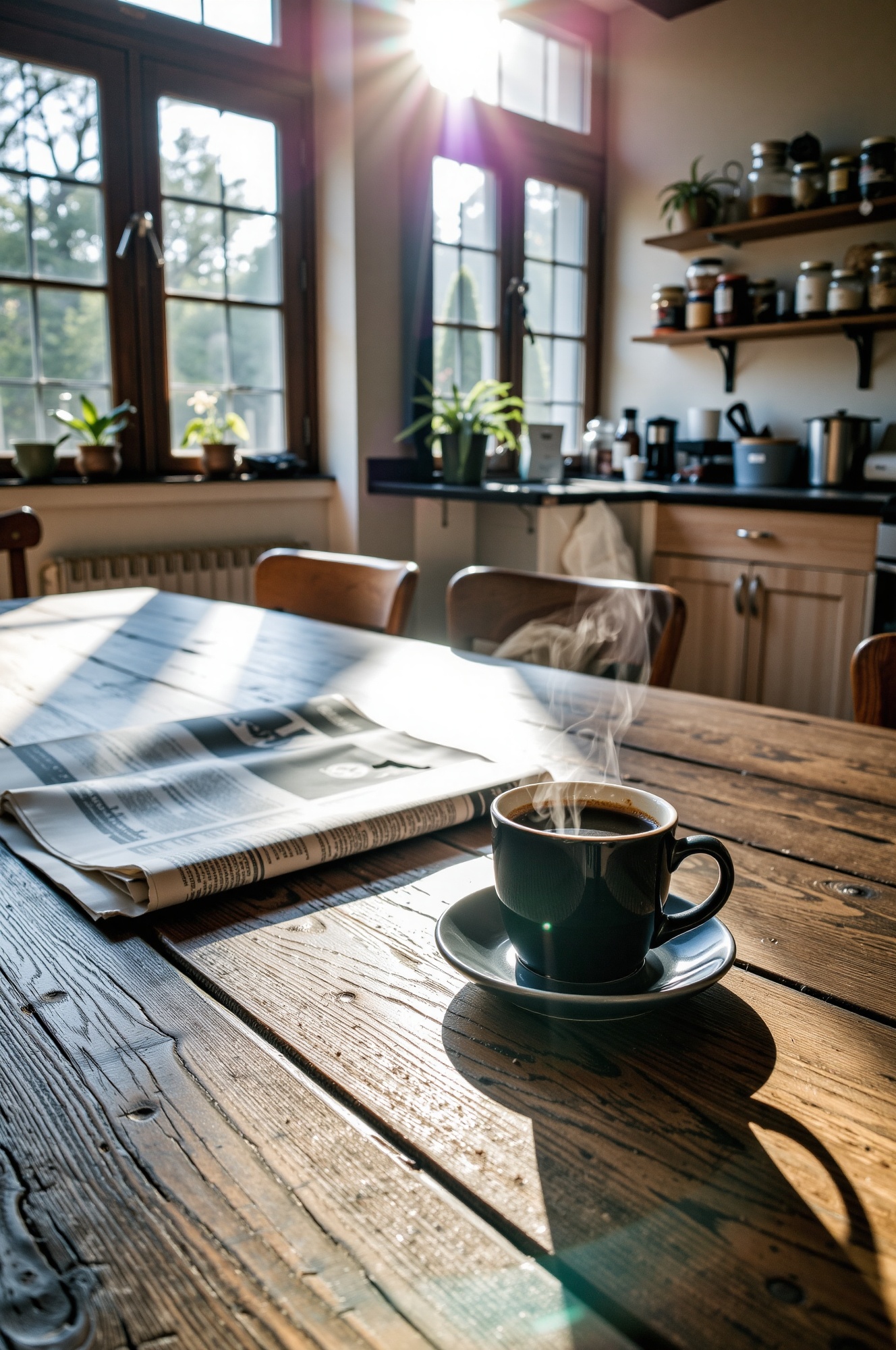a cozy kitchen scene with warm,  natural sunlight streaming through large windows. Place a steaming dark-colored coffee cu...