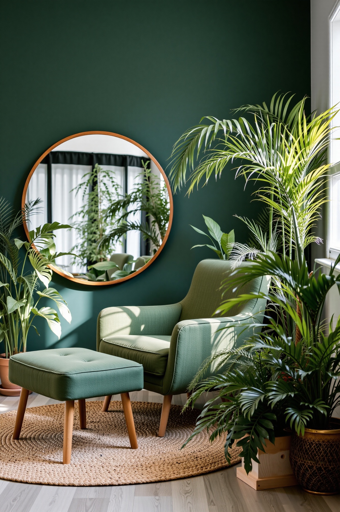 a cozy indoor setting featuring a green armchair with an ottoman,  both supported by wooden legs,  placed slightly left of...