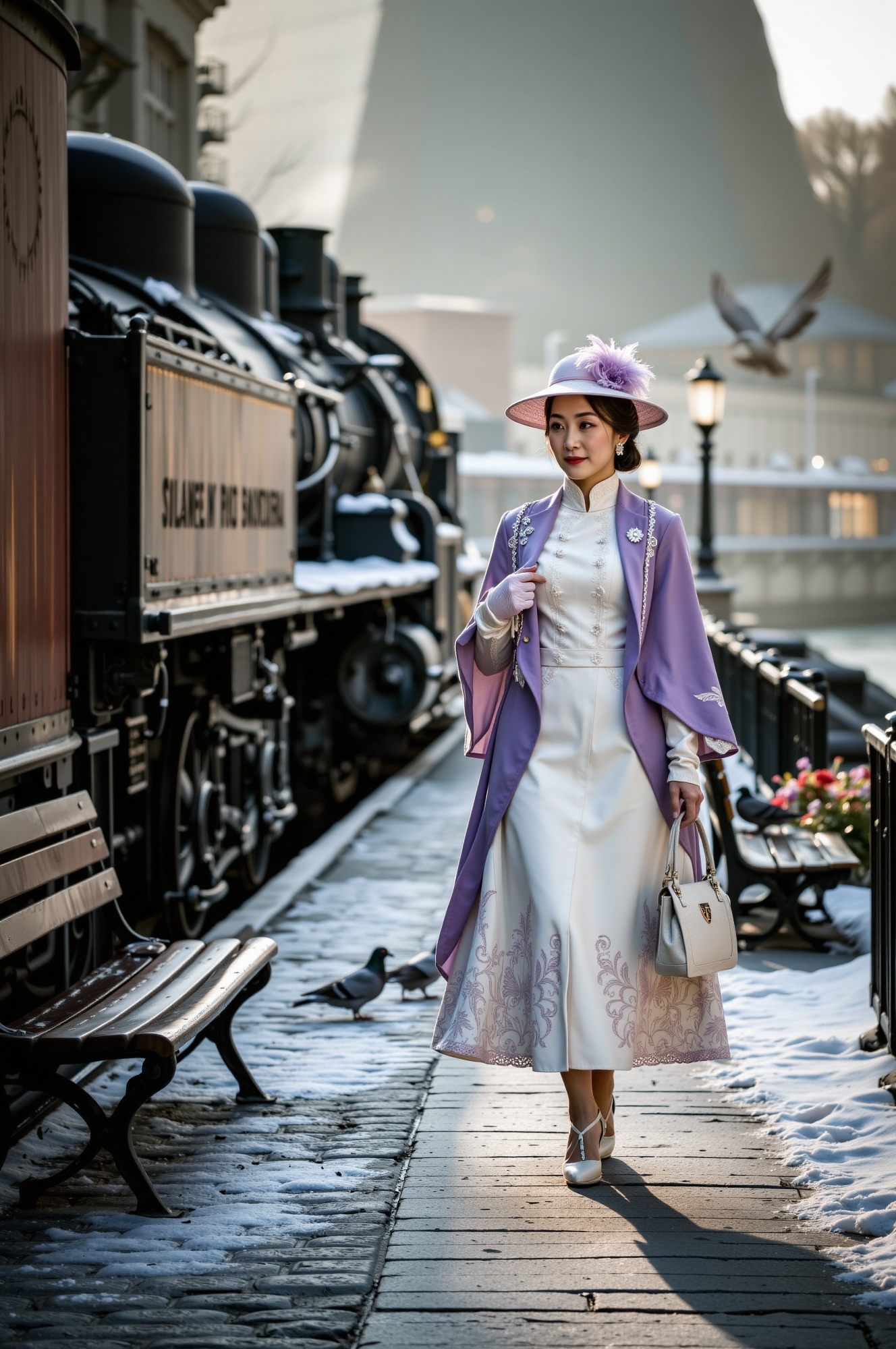 bright spot light illuminate a refined Chinese woman,  resplendent in Victorian finery,  walks beside a majestic steam loc...