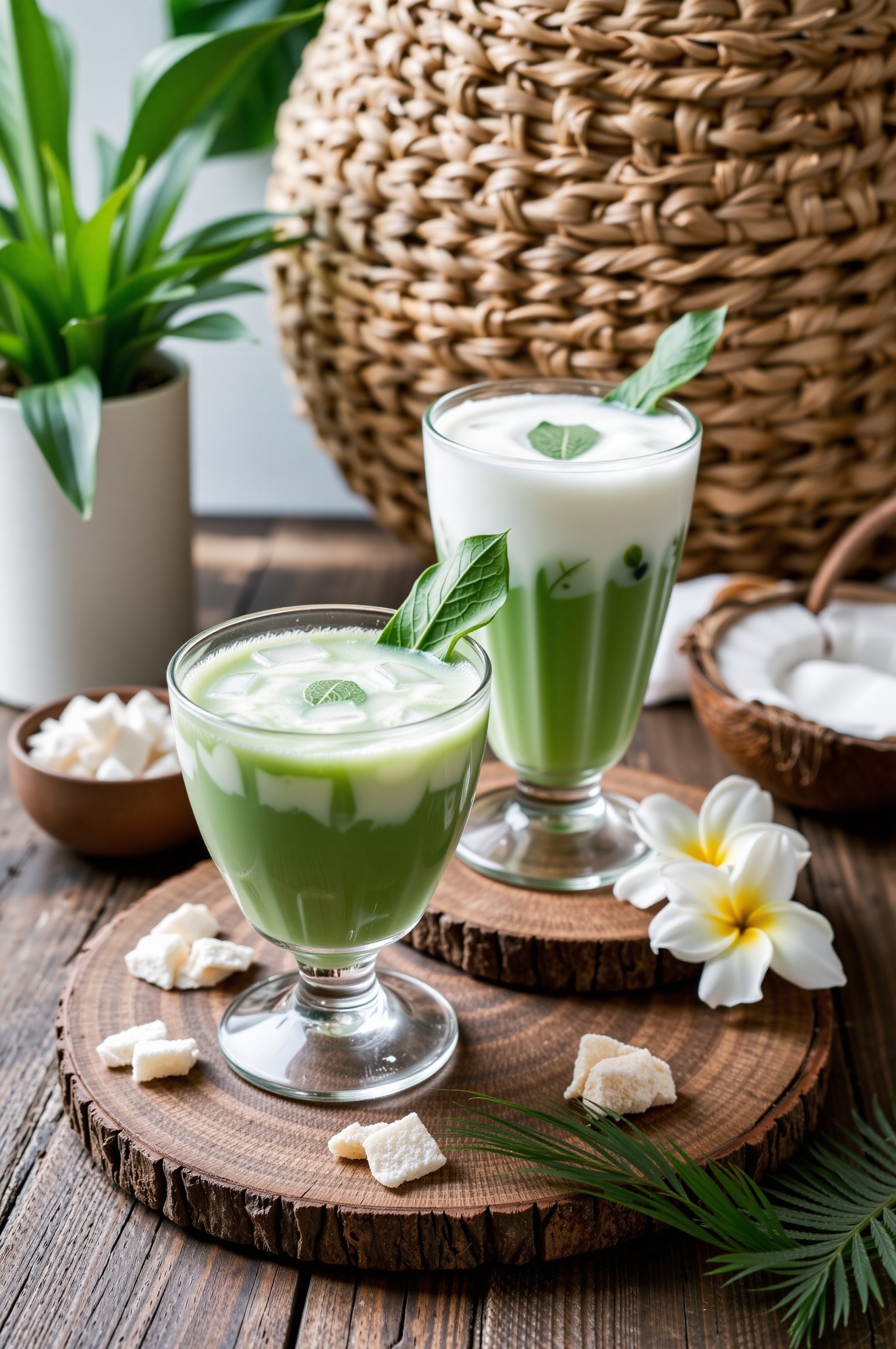 a high-quality photograph of two glasses filled with Es Cendol,  an Indonesian dessert consisting of green rice flour jell...