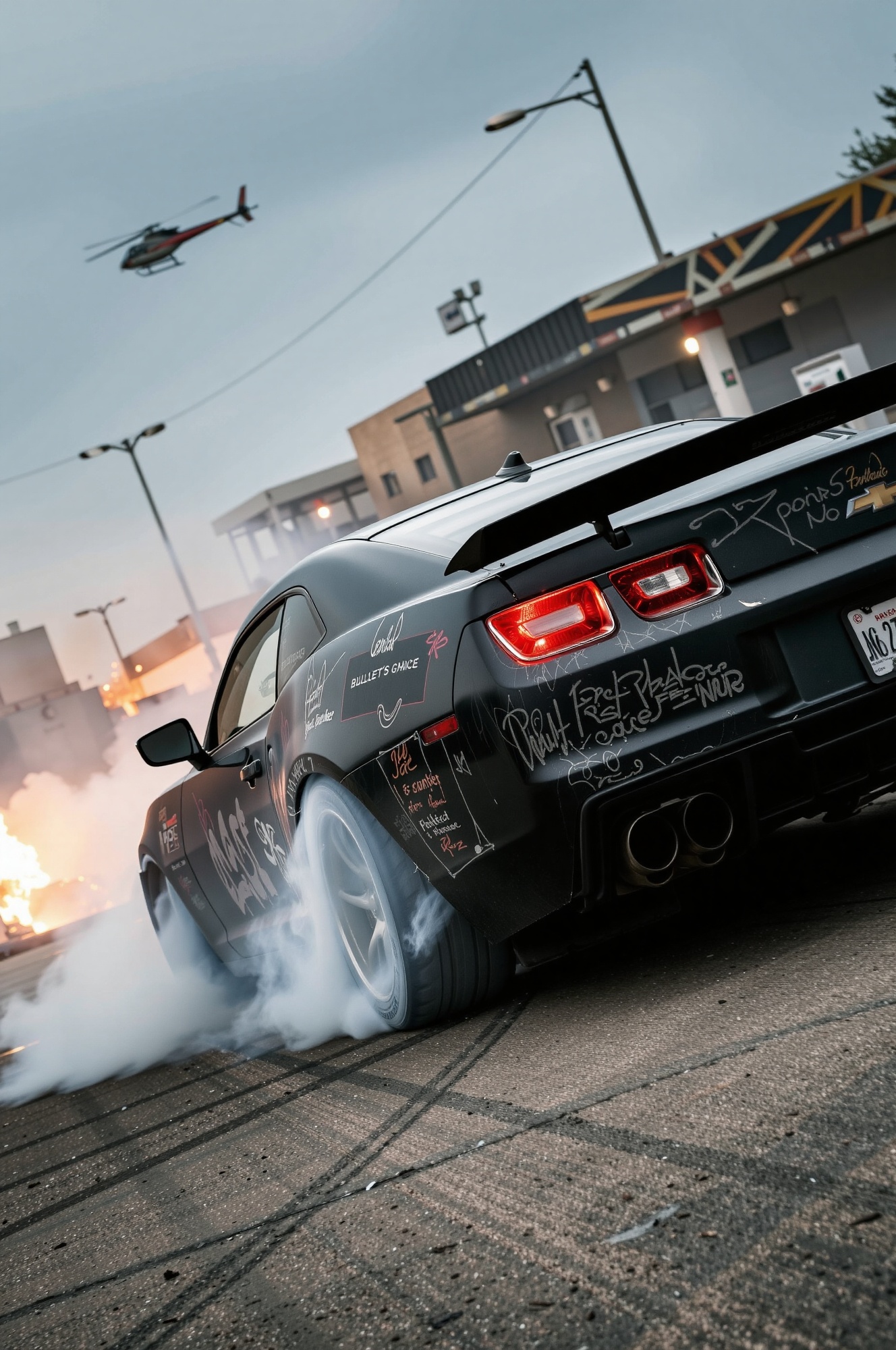 A gritty scene unfolds: a scarred Chevrolet Camaro SS,  bullet hole vinyl across matte black panels,  drifts savagely arou...