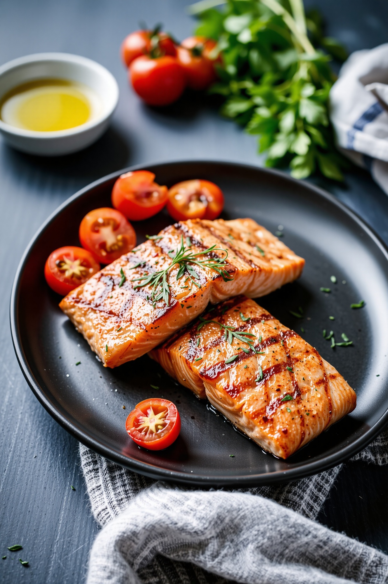 a high-quality photograph of a dish featuring two grilled salmon fillets garnished with fresh herbs,  placed on a dark cer...