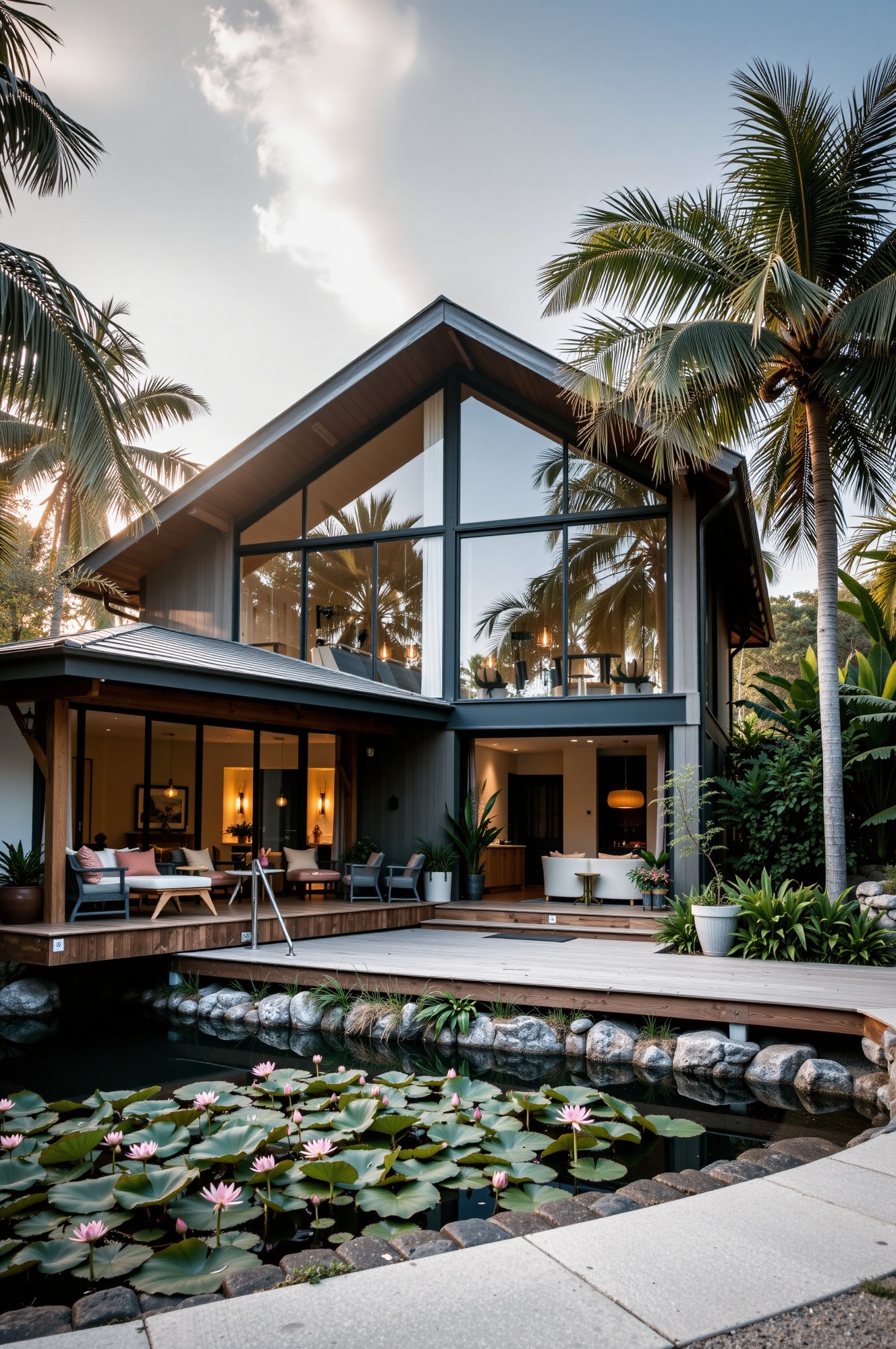 A modern,  two-story house with a pitched roof and expansive glass windows,  nestled amidst lush greenery and tall palm tr...