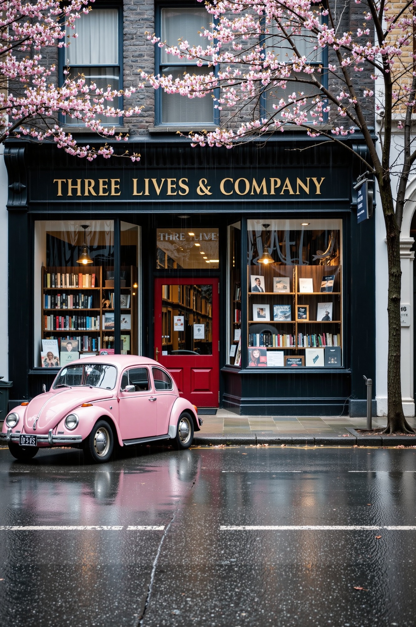 A charming bookstore street scene featuring 'Three Lives & Company,  ' with a black facade and a red door,  positioned cen...