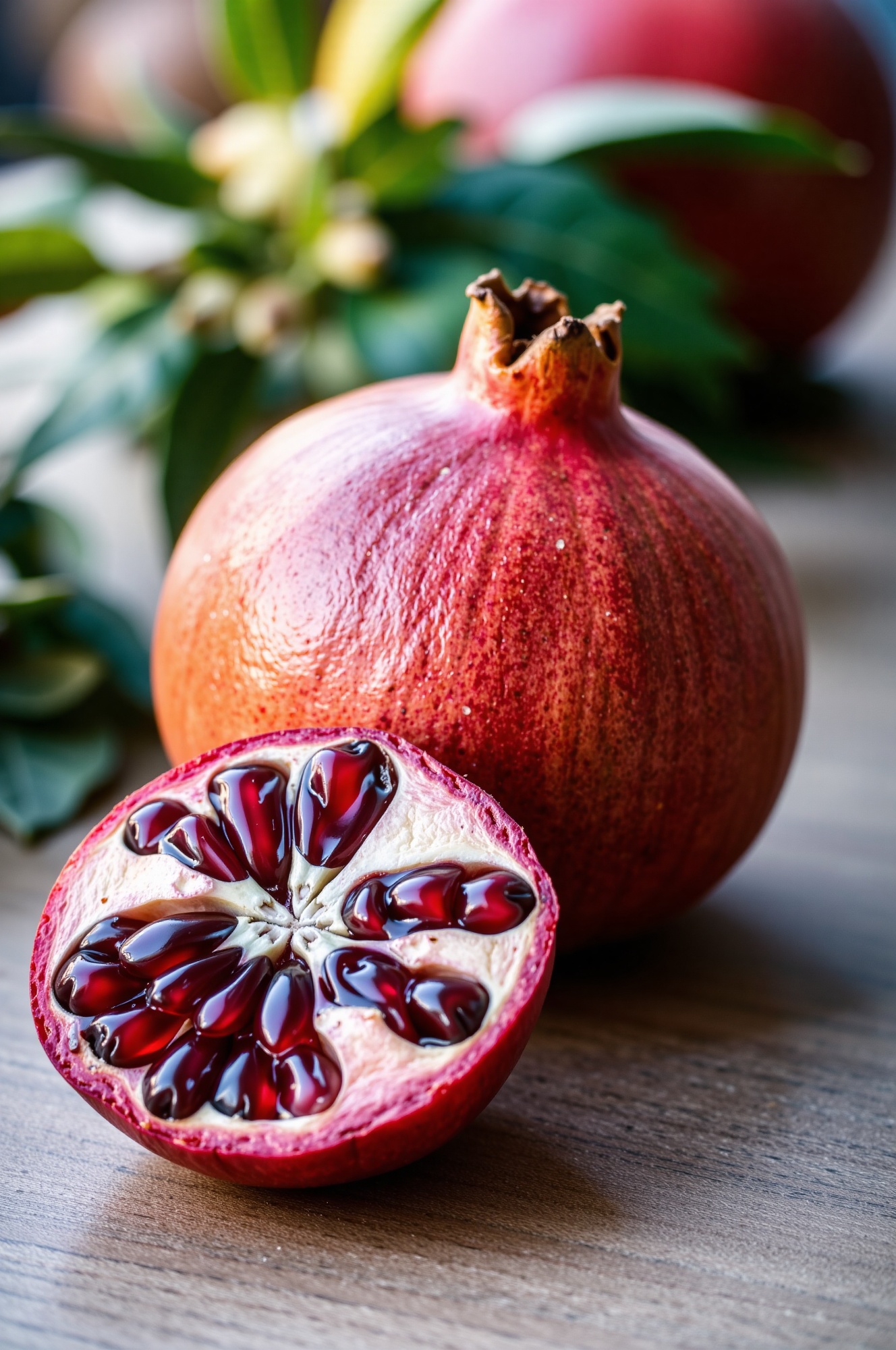 A close-up of a pomegranate,  with one whole pomegranate and one cut open to reveal the seeds inside. The pomegranate is p...