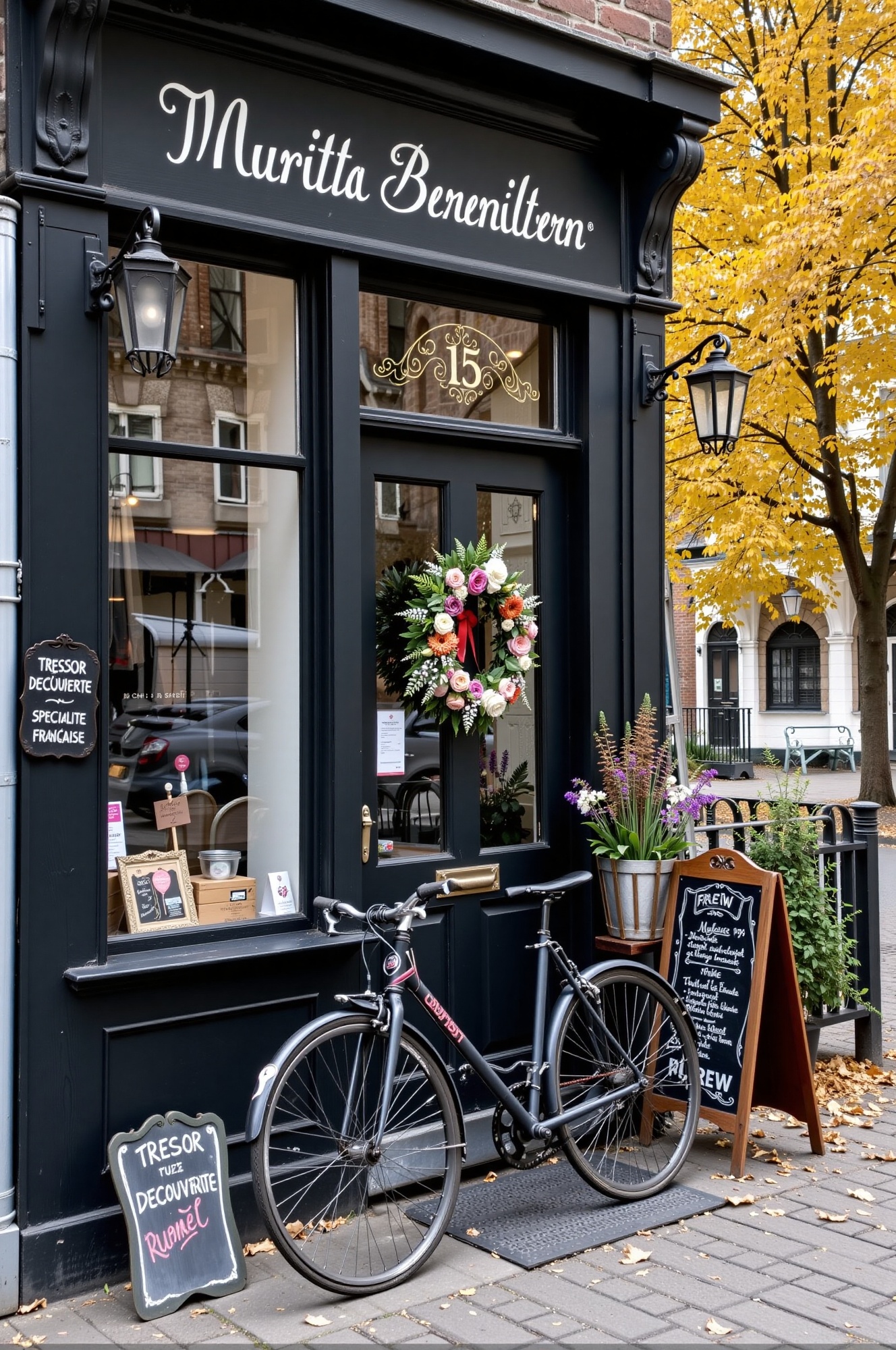 a vintage-style shop exterior named 'Muritta Bereniltern' with a dark wooden facade. Include large windows and a door with...
