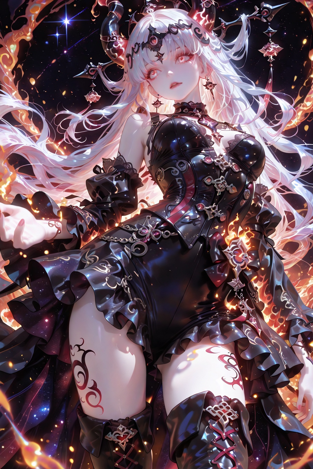 The image depicts a striking anime-style character standing confidently against a vibrant,  cosmic backdrop. The character...