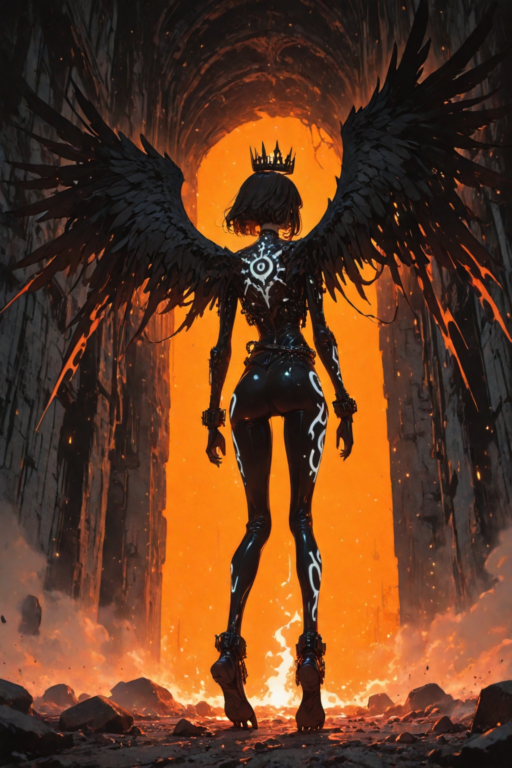The image depicts a dark,  moody scene with a character sitting on the ground. The character has long black hair and is we...