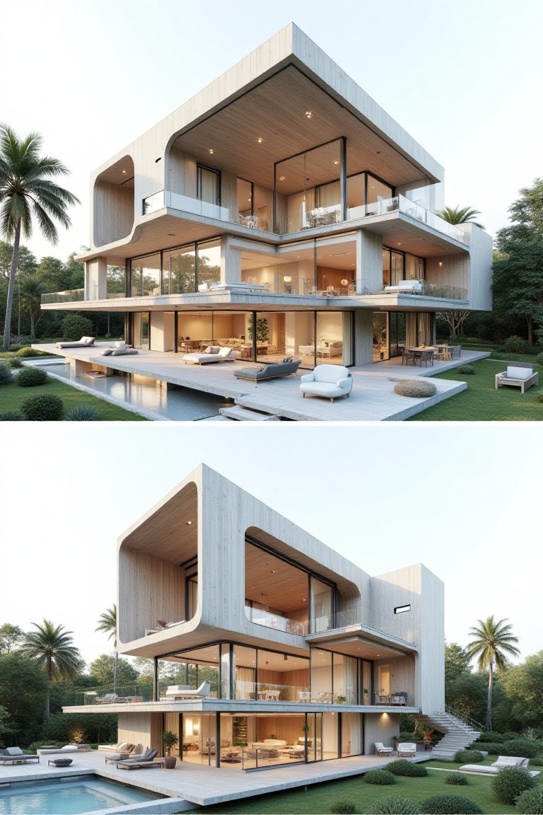There are two modern design perspective pictures on top and bottom: one is a modern house with section,  beautiful landsca...